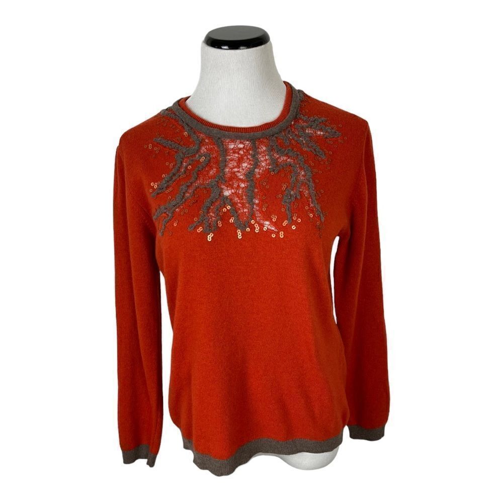 Carla B Wool Cashmere Sweater M Orange Embroidered Italy Knit Luxe Classic